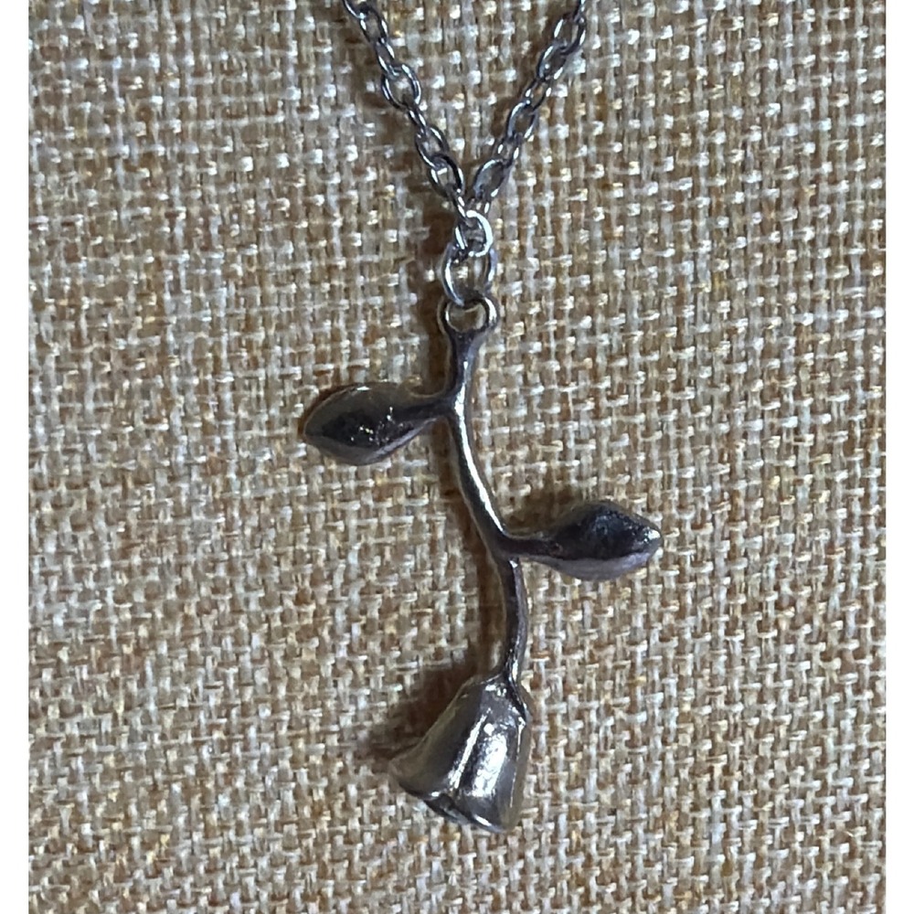 Silver Tone Long Stem Rose Flower Pendant Necklace Chain Floral Jewelry Romantic